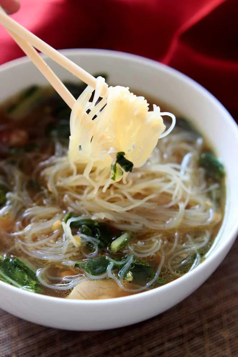 Bowl of thenthuk noodle soup from above